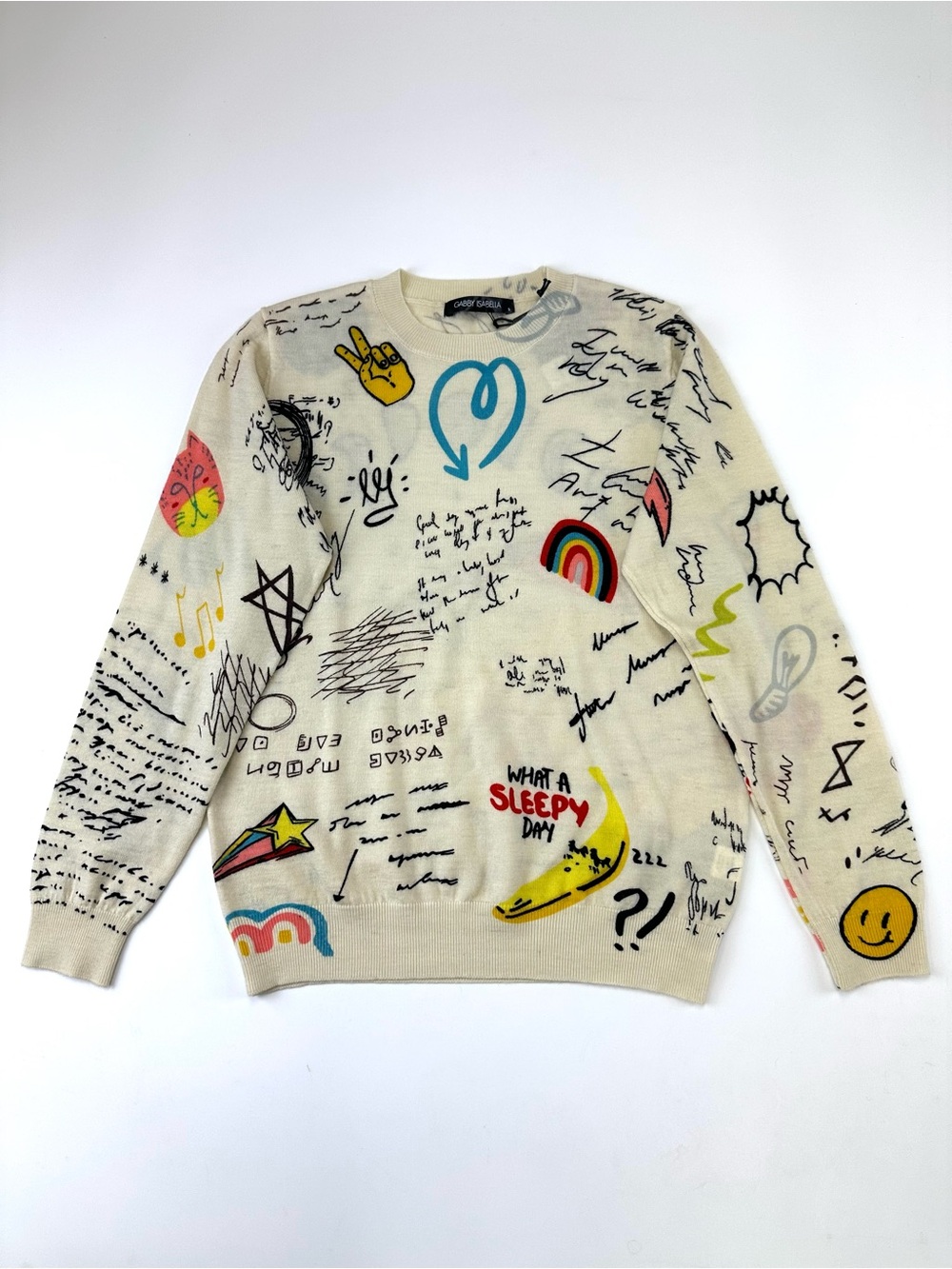 NEW Graffiti Print Sweater S Gabby Isabella Maximalist Crew Neck Graphic Knit